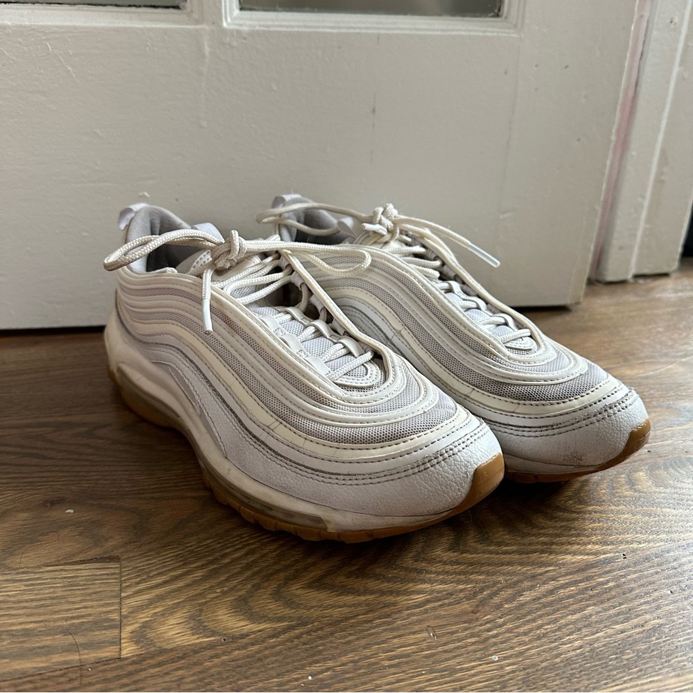 Nike AirMax 97 White with Gum Soles, Size 8 men’s and size 9.5 women.